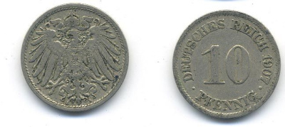 Германия 10 пфеннигов 1907 A KM 12, J. 13 медно-никель 58-317