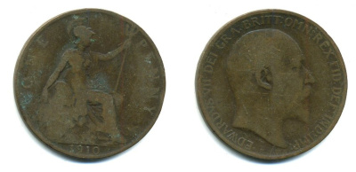 Великобритания 1 пенни 1910 Эдуард VII (1901-1910) KM 794.2, Spink 3990 бронза 47-815