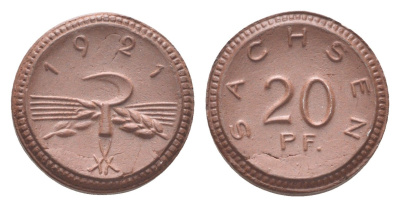 Саксония 20 пфеннигов 1921 Men05 22281.4, Men18 27868.4, Scheuch 31a, J N. 53 фарфор AUC2-5-11