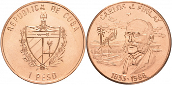 Куба 1 песо 1988 155 лет со дня рождения Карлоса Финлея KM 512 медь UNC M28-1