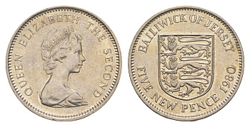 Джерси 5 пенсов 1980 герб, Елизавета II (1952-2022) KM 32 медно-никель aUNC 4652-543