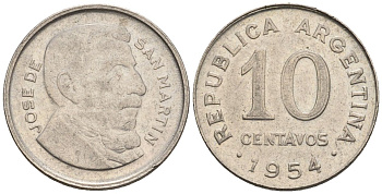 Аргентина 10 сентаво 1954 генерал Хосе де Сан Мартин KM 51, Schon 50a.2 сталь плакированная никелем    4609-1165