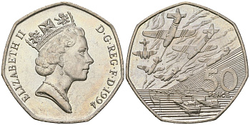 Великобритания 50 пенсов 1994 Елизавета II (1952-2022), 50 лет высадки союзников в Нормандии (день D) KM 966, Spink H6 медно-никель UNC 4590-143