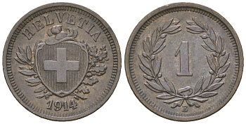Швейцария 1 раппен 1914 B KM 3 бронза 4532-765