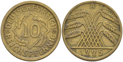 ГЕРМАНИЯ 10 РЕЙХСПФЕННИГОВ 1925 А KM 40, J. 317 алюминиевая бронза 175-211