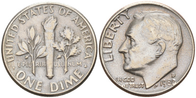 США 10 центов = дайм 1980 D, Рузвельт KM 195a медь плакированная медно-никелем 188-436
