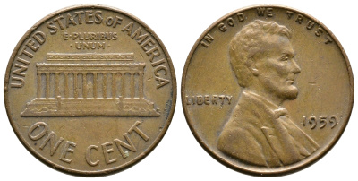 США 1 цент 1959 Авраам Линкольн KM 201 медь цинк 93-1216