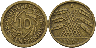 Германия 10 рентенпфеннигов 1923 D KM 33, J. 309 алюминиевая бронза 3336-125