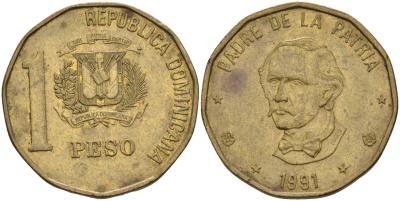 Доминиканская республика 1 песо 1991 Хуан Пабло Дуарте KM 80.1 медь цинк 4595-657