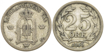 Швеция 25 эре 1898 EB, Оскар II (1872-1907) король Швеции и Норвегии KM 739 (531) серебро 3309-847