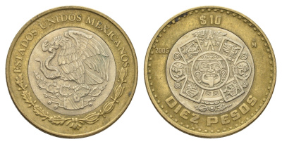 Мексика 10 песо 2005 KM 616 биметалл 4675-317