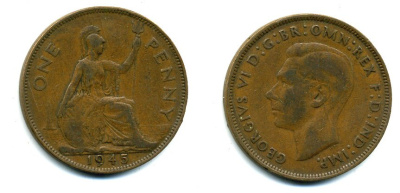 Великобритания 1 пенни 1945 Георг VI (1936-1952) KM 845, Spink 4114 бронза 37-1022