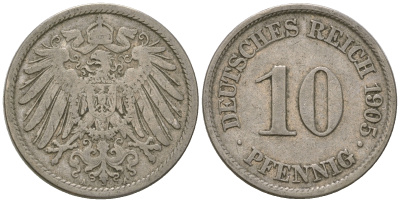 Германия 10 пфеннигов 1905 A KM 12, J. 13 медно-никель 4641-435