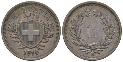 Швейцария 1 раппен 1914 B KM 3 бронза 4532-765