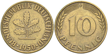ФРГ 10 пфеннигов 1950 F KM 106 сталь плакированная латунью 4571-531
