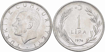 Турция 1 лира 1974 Мустафа Кемаль Ататюрк KM 889а.2 нержавеющая сталь 4394-632