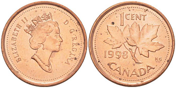 КАНАДА 1 ЦЕНТ 1998 КЛЕНОВЫЙ ЛИСТ, ЕЛИЗАВЕТА II KM 289 сталь плакированная медью 112-115
