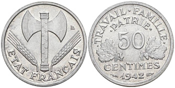 ФРАНЦИЯ 50 САНТИМОВ 1942 ТИП FRANCISQUE, LOURDE, ПРАВИТЕЛЬСТВО ВИШИ KM 914.1, LE FRANC 195.2 алюминий 44-335