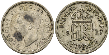 Великобритания 6 пенсов 1937 Георг VI (1936-1952) KM 852, Spink 4084 серебро    4602-626