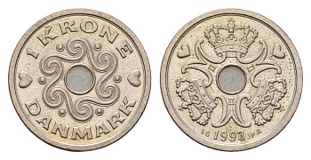 Дания 1 крона 1993 Маргрете II (1972-2024) KM 873 медно-никель aUNC 201-864