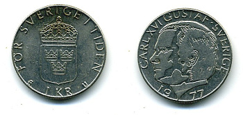 Швеция 1 крона 1977 Карл XVI Густав (1973- ) KM 852 медь плакированная медно-никелем 29-834