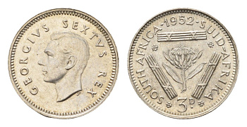 ЮАР 3 пенса 1952 Георг VI (1936-1952) KM 35.2 серебро 4549-1035