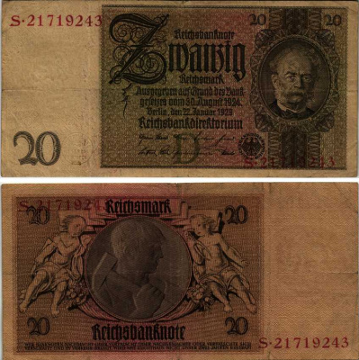 ГЕРМАНИЯ 20 РЕЙХСМАРОК 1929 22 ЯНВАРЯ 1929, БУКВА D Pick 181а бумага 444-42-3