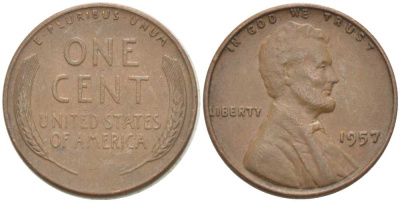 США 1 ЦЕНТ 1957 ЛИНКОЛЬН KM А132 медь цинк 218-1033