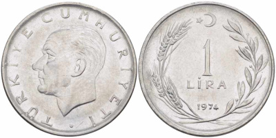 Турция 1 лира 1974 Мустафа Кемаль Ататюрк KM 889а.2 нержавеющая сталь 4394-632