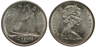 КАНАДА 10 ЦЕНТОВ 1978 ПАРУСНИК KM 77.1 никель VF+ 4181-334