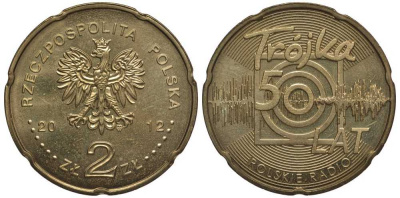 Польша 2 злотых 2012 MW, 50 лет радио "тройка" KM 816 нордик  UNC 111-543