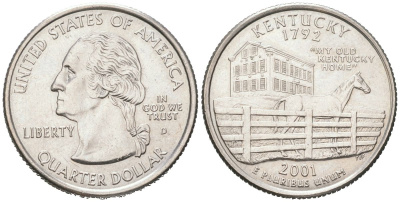 США 25 центов = квотер = 1/4 доллара 2001 D, квотер штата Кентукки KM 322 медь плакированная медно-никелем UNC 183-241