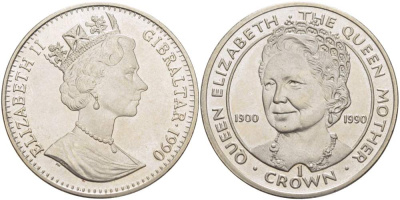 Гибралтар 1 крона 1990 90 лет со дня рождения королевы матери Елизавете KM 46 медно-никель UNC 4527-511