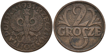 Польша 2 гроша 1931 w, Республика KM 9а, Parchimowicz 102f бронза 4580-469
