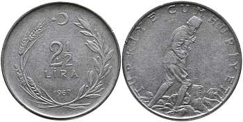 ТУРЦИЯ 2 1/2 ЛИРЫ 1967 KM 893.1 нержавеющая сталь 29-1046