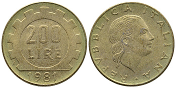 Италия 200 лир 1981 R, шестерня KM 105 алюминиевая бронза 83-1921