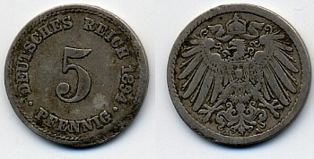 ГЕРМАНИЯ 5 ПФЕННИГОВ 1894 A, KM 11, J. 12 медно-никель 51-5251