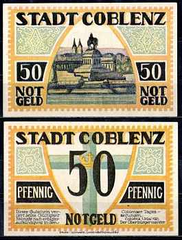 Кобленц (Пруссия, Рейн) 50 пфеннигов 1921 Mehl Grabowski 233.1-4/4 бумага UNC (пресс) 7555-56-2-2
