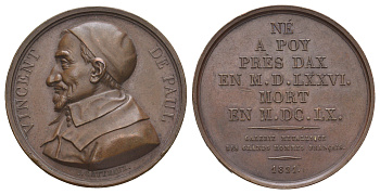 Франция медаль галерея выдающихся французов -Викентий де Поль 1821 диаметр 41 мм, вес 40,5 гр бронза UNC 1516-1431