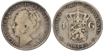 Нидерландское Кюрасао 1 гульден 1944 D, Вильгельмина (1890-1948) KM 45 серебро 36-546