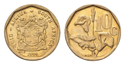 ЮАР 10 центов 1994 герб, цветок алоэ KM 135 сталь плакированная бронзой UNC 4694-666
