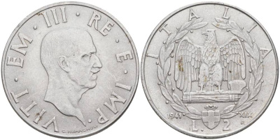 ИТАЛИЯ 2 ЛИРЫ 1941 R, ГОД XIX, ВИКТОР ЭММАНУИЛ III (1900-1946), МАГНИТНАЯ, РЕДКАЯ KM 78b, VEM3. 1156 нержавеющая сталь 3855-323