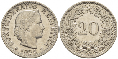 ШВЕЙЦАРИЯ 20 РАППЕНОВ 1924 В KM 29 никель 77-855