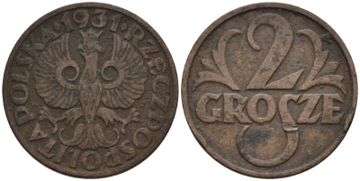 Польша 2 гроша 1931 w, Республика KM 9а, Parchimowicz 102f бронза 4580-469