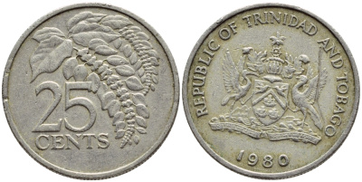 Тринидад и Тобаго 25 центов 1980 цветок дикая пуансеттия KM 32 медно-никель 4396-753