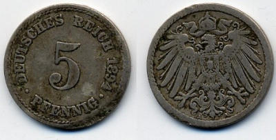 ГЕРМАНИЯ 5 ПФЕННИГОВ 1894 A, KM 11, J. 12 медно-никель 51-5251