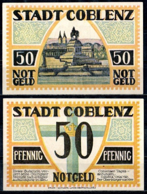 Кобленц (Пруссия, Рейн) 50 пфеннигов 1921 Mehl Grabowski 233.1-4/4 бумага UNC (пресс) 7555-56-2-2