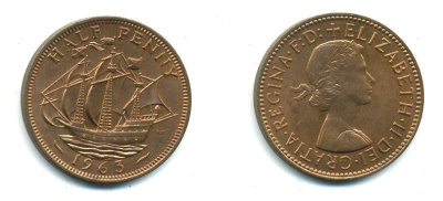 Великобритания 1/2 пенни 1963 Елизавета II (1952-2022) KM 896, Spink 4158 бронза 56-531