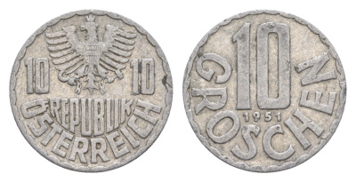 Австрия 10 грошей 1951 KM 2878 алюминий 4576-826