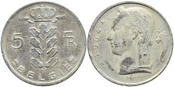 БЕЛЬГИЯ 5 ФРАНКОВ 1964 BELGIE KM 135.1 медно-никель 3999-936